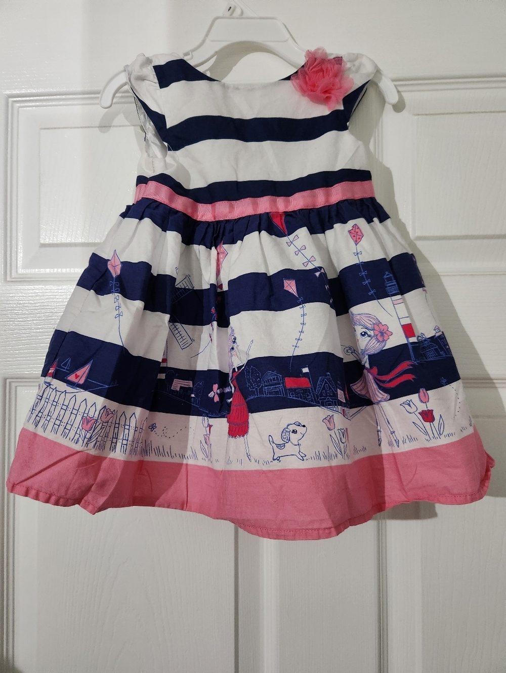 Cherokee Girls 18M Nautical Striped Dress Pink Navy Floral Detail Summer